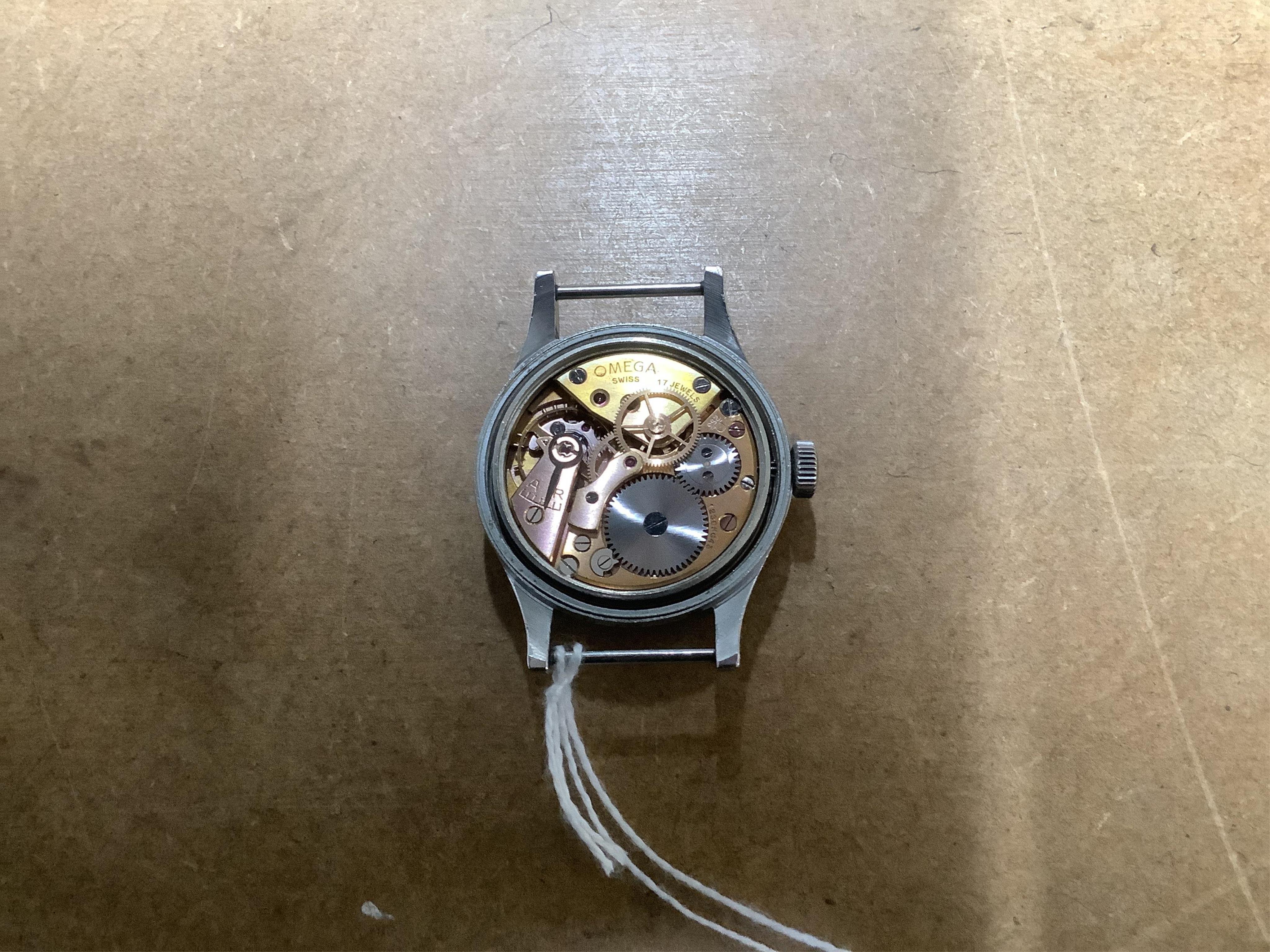 A gentleman's 1950's stainless steel Omega British Military RAF pilot's fixed bar manual wind wrist watch